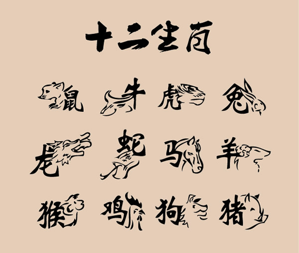 12 Chinesische Sternzeichen Zeichen Schriftarten