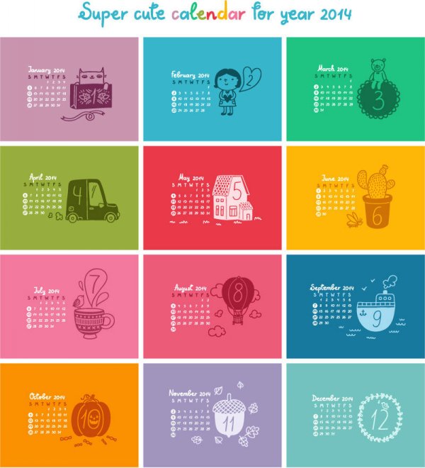 2014 dicat warna-warni kartun check kalender