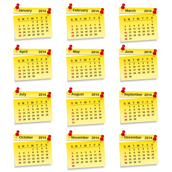calendário de 2014 notas concisas amarelo
