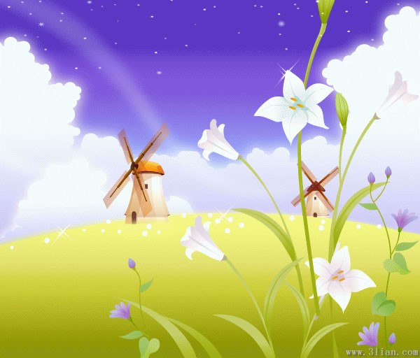 美麗的花朵和風車