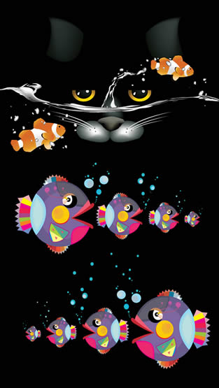 chat noir avec des poissons