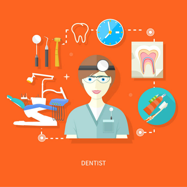 dentista de desenhos animados e ferramentas de tratamento