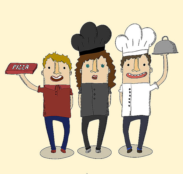 garçonetes e chef de pizza dos desenhos animados