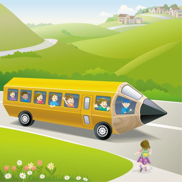Cartoon School Bus Pencil Illustration