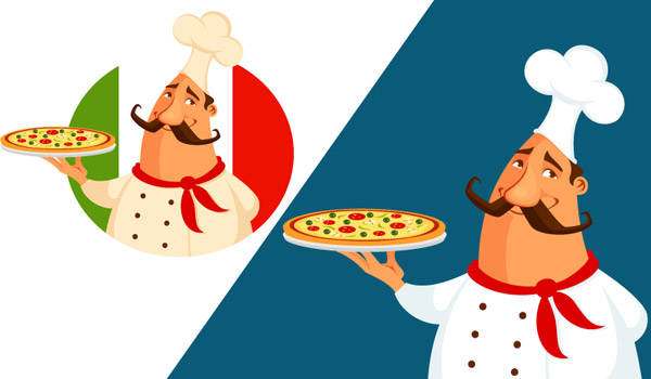 Cocinero de dibujos animados lado pizza gorda