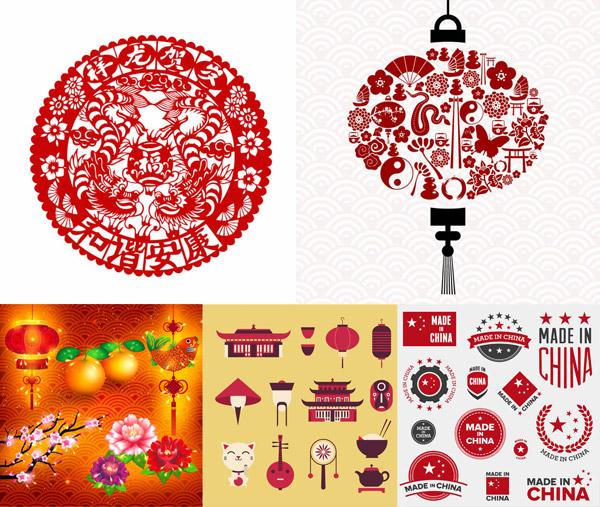 faroles rojos y cortadas de papel chino