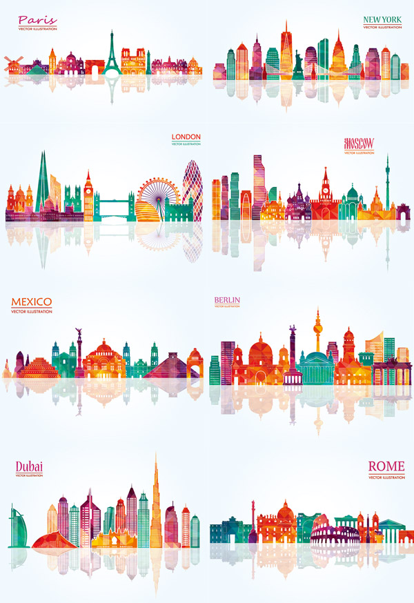 彩色几何城市建筑插图