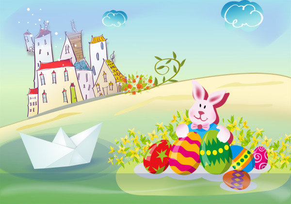 uovo di Pasqua coniglietto abbraccio fumetto paesaggio materiale stratificato psd