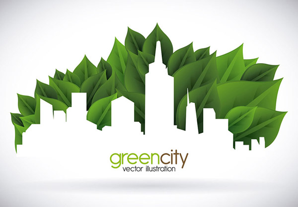 الأوراق الخضراء مع صورة ظلية المدينة