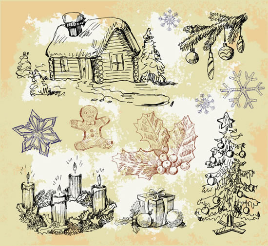 red de Navidad de dibujado a mano elementos dibujo los copos de nieve