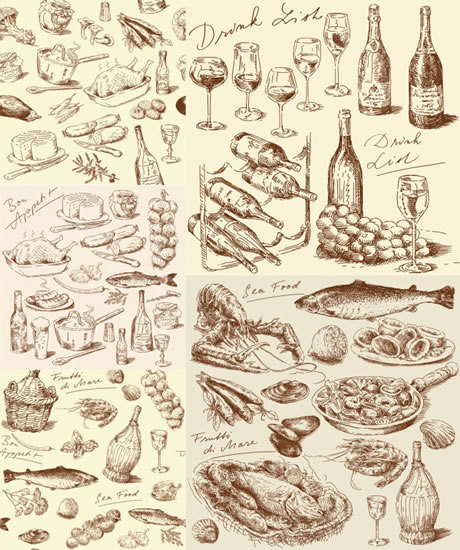 línea dibujada arte elementos cocina comida de la mano