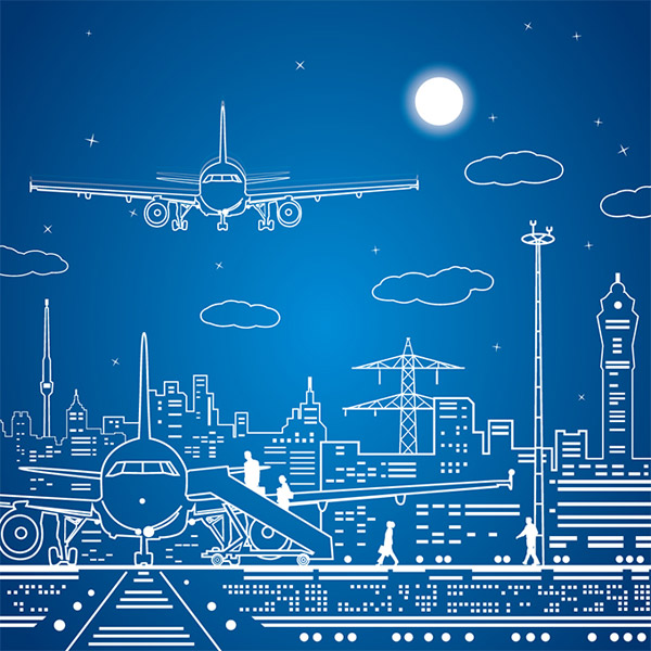 手描きの航空機および都市の図