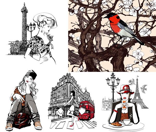 handgemalt, die Schönheit und die Vögel auf dem Baum-illustration