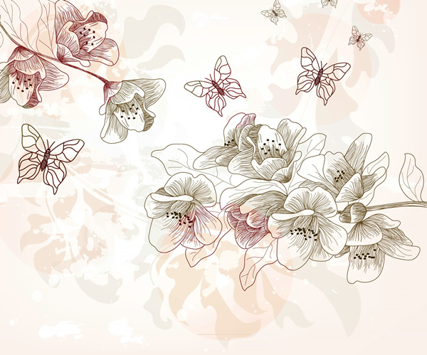 mão pintado borboletas flores ilustração vetorial