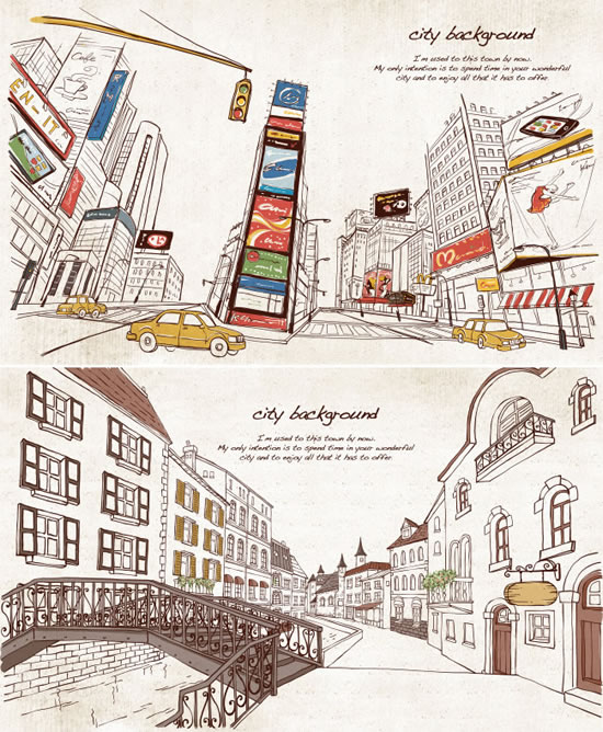 手描きの色の都会の街並み psd テンプレート