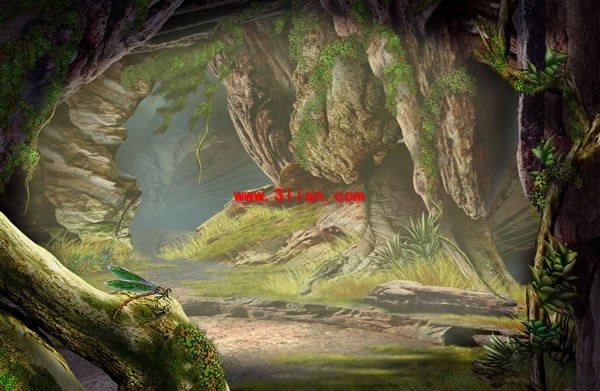bosque pintado cueva paisaje psd capas de gráfico de la mano