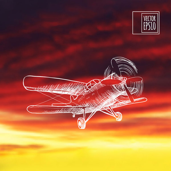 手描きの夕焼け飛行機の背景