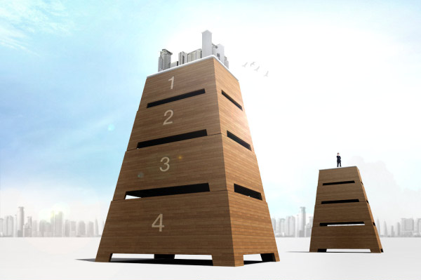 camada sobre camada de psd criativo torre de madeira em camadas de material
