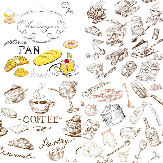 Zeichnung von Lebensmitteln und Küchenutensilien