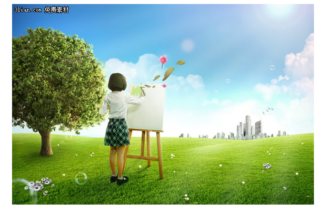 Little Girl Painting The Grass Landscape Psd Material