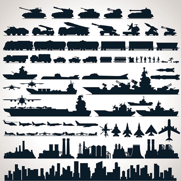 armas militares e silhuetas urbanas