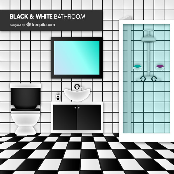 cores misturadas no projeto do banheiro preto e branco