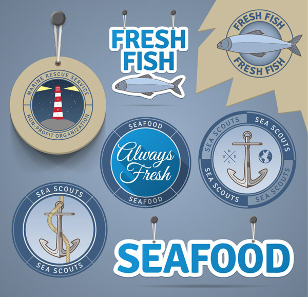 Etiquetas de venta de pescados y mariscos retro