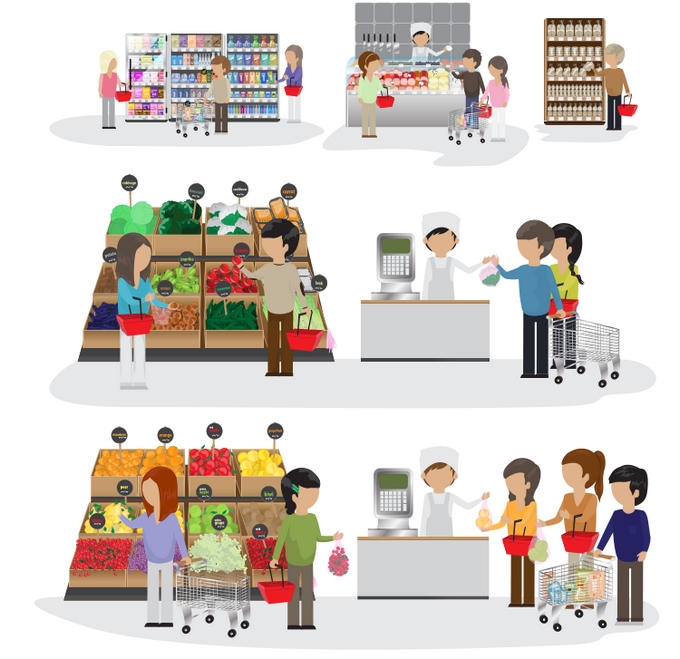 en la ilustración de la escena de supermercado de compras