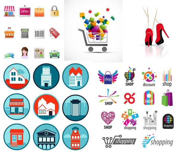 ícones de tema coloridos de compras