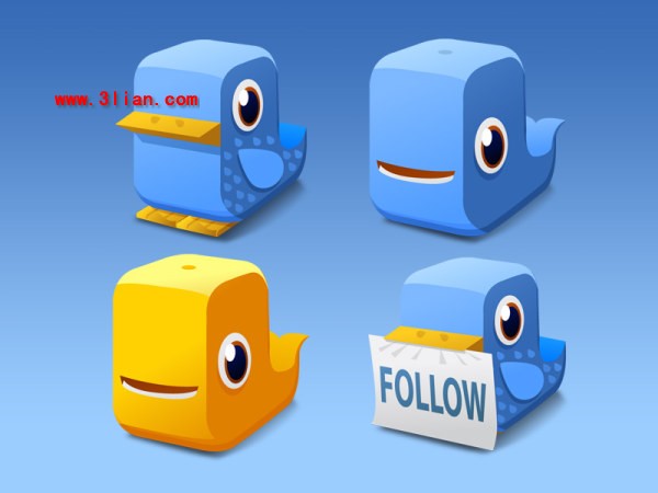tres iconos de dibujos animados tridimensionales Ave icono twitter