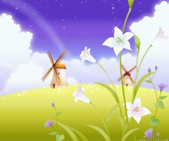 Beautiful Flowers And Windmills