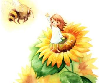 Cartoon Bee Sunflower Illustrator Psd Material