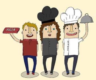 Cartoon Pizza Chef Und Kellnerinnen