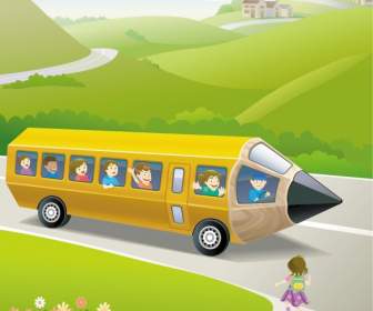Cartoon School Bus Pencil Illustration