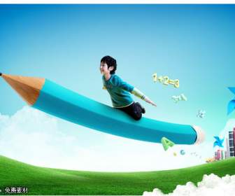 Anak-anak Dengan Terbang Pensil Psd Bahan