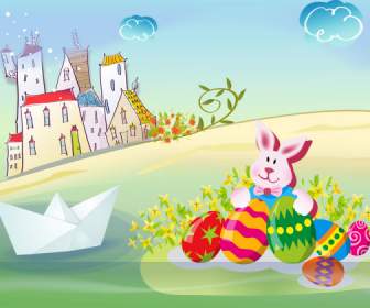 復活節彩蛋兔子擁抱卡通景觀 Psd 分層素材