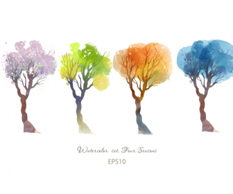 Vier Jahreszeiten Aquarell Bäume