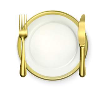 Gold Plate And Knife And Fork