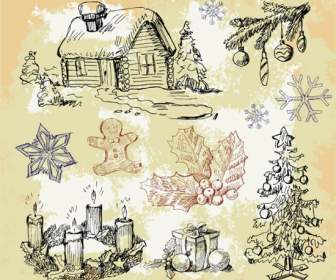 Red De Navidad De Dibujado A Mano Elementos Dibujo Los Copos De Nieve