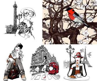 Handgemalt, Die Schönheit Und Die Vögel Auf Dem Baum-illustration