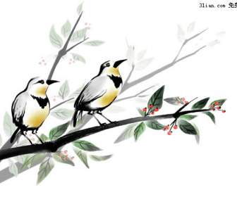 Hand Painted Bird On A Branch Psd Material