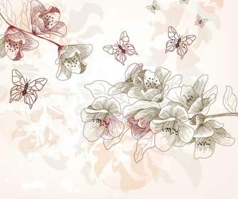 Handbemalte Blumen Schmetterlinge Vektor-illustration