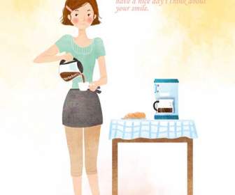 Hand Painted Coffee Girl Illustration Psd Material