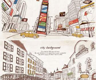 手描きの色の都会の街並み Psd テンプレート