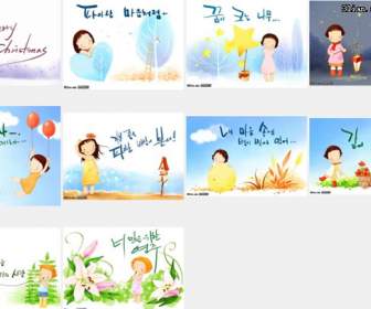 Korea Hand Painted Landscapes Little Cartoon Girl Psd Material