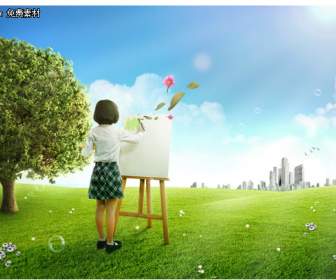 little girl painting the grass landscape psd material