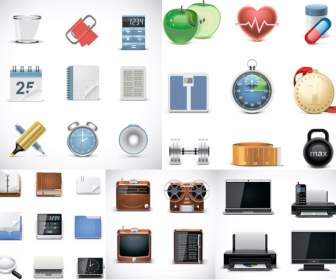 Office Supplies And Fitness Topic Icons