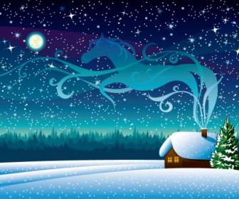 在一個下雪的晚上卡通插圖的荒野