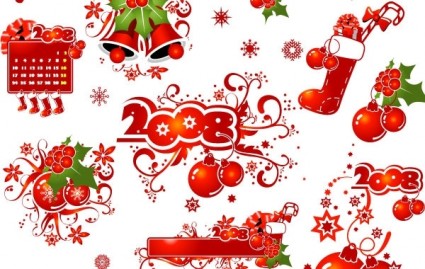 elementos de la decoración de Navidad de 2008 y patrones de vectores de material