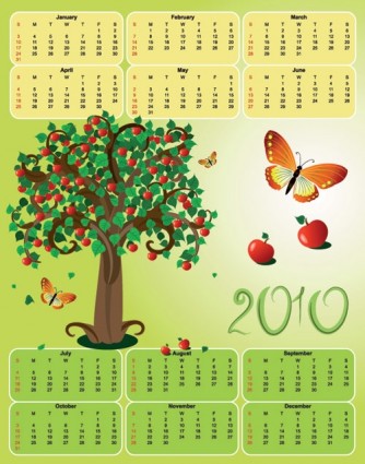 2010 アップル テーマ カレンダー テンプレート ベクトル蝶